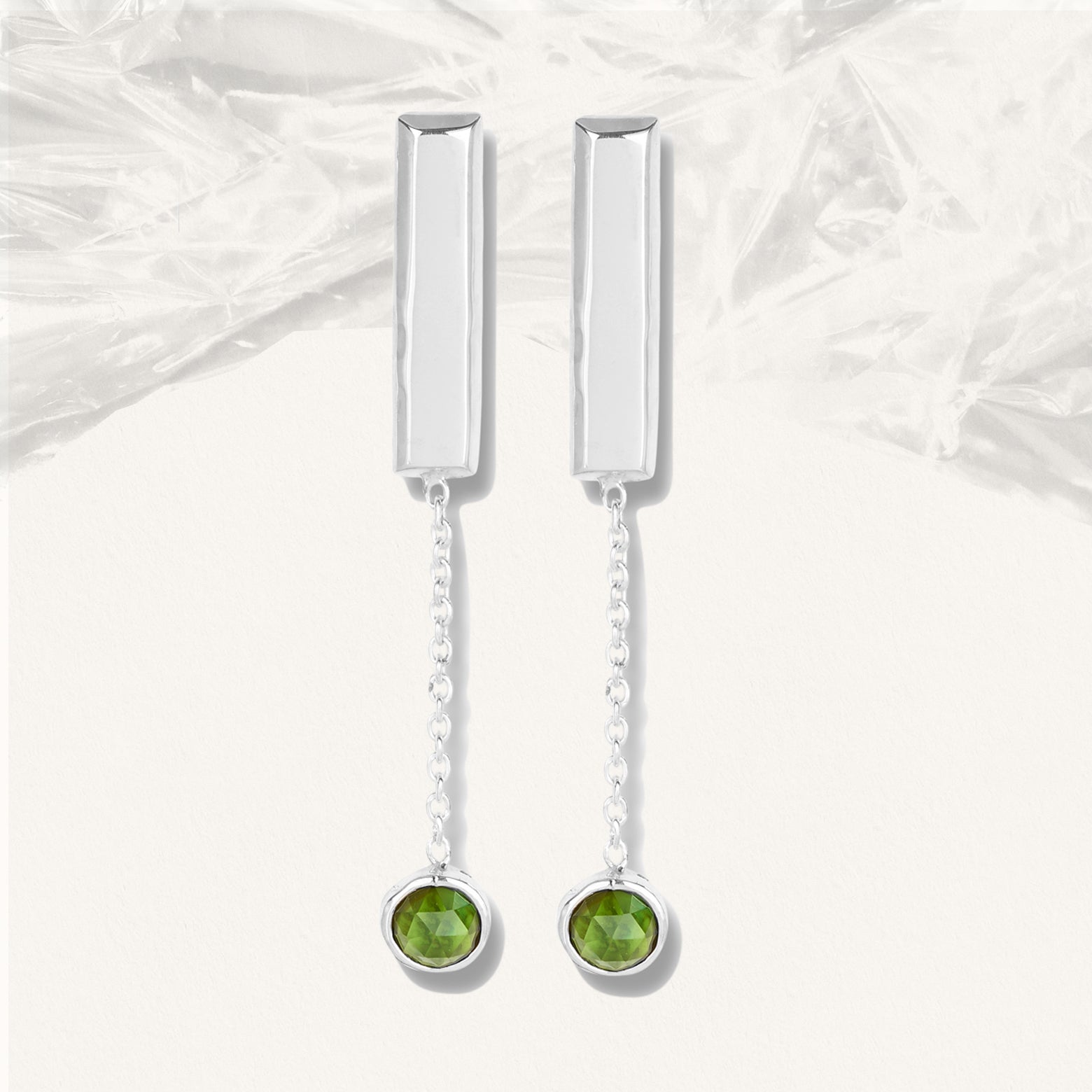Sterling silver bar earrings with green tourmaline drop