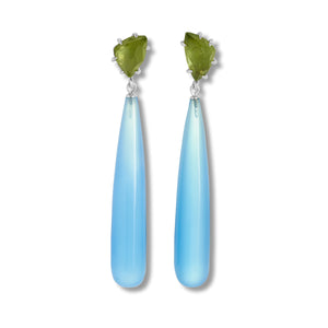 Earrings with green peridot above long blue chalcedony