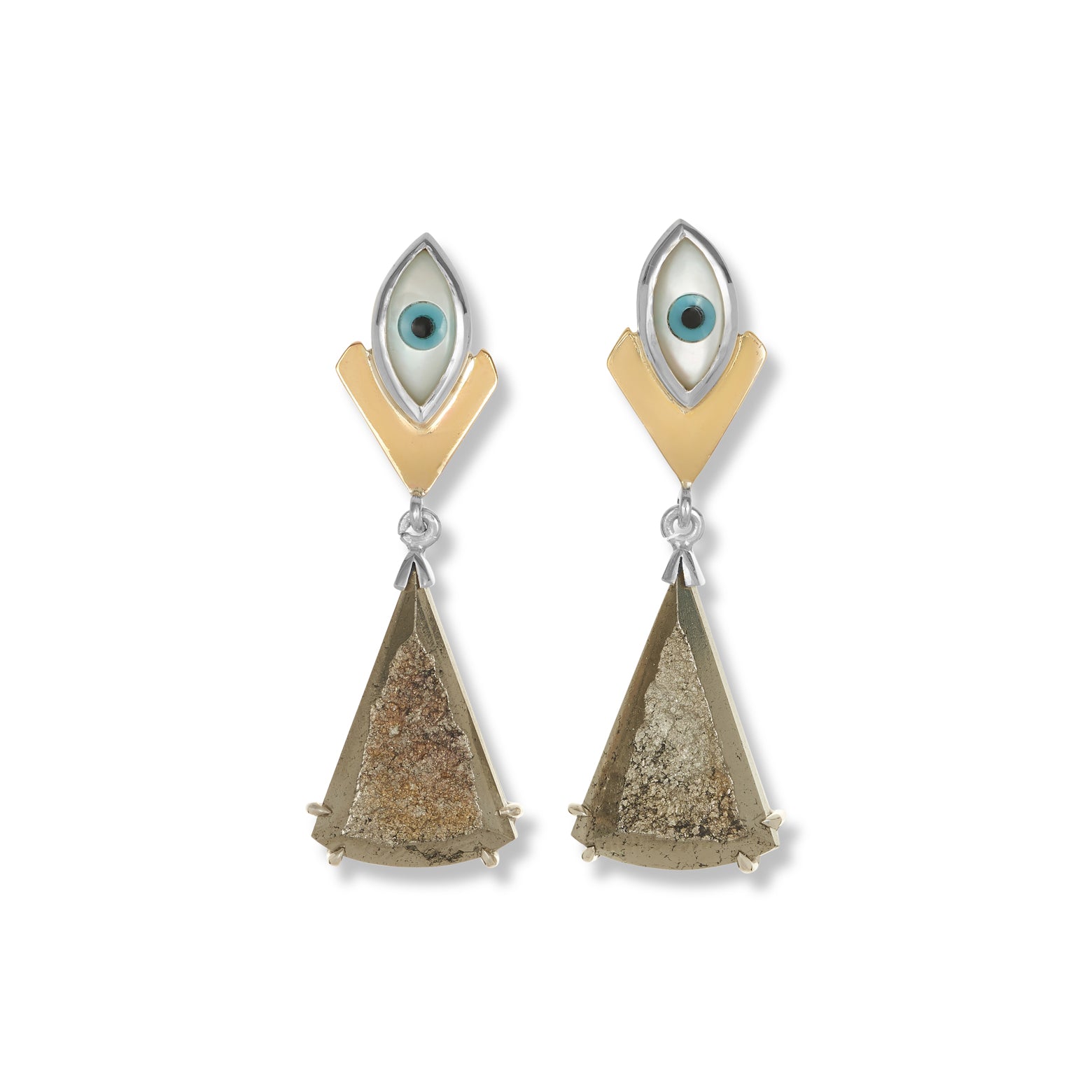 Kelly Woodcroft angel fish earrings feature an eye shaped stud connecting to a gold geometric dangle.