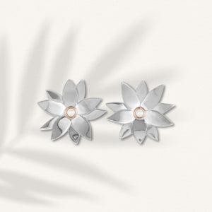 Kelly Woodcroft Daintree Bloom earrings feature stainless steel flower forms with seed pearls set in rose gold.