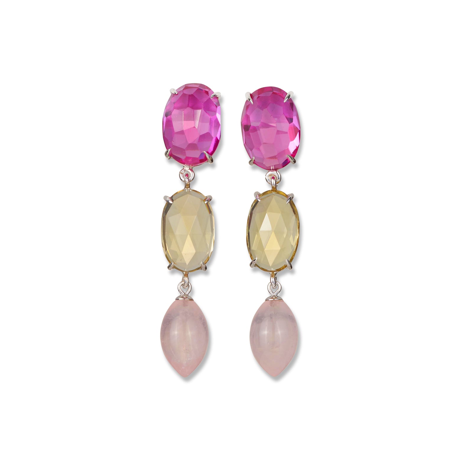 Kelly Woodcroft Brisbane jeweller Mermaid earrings with lemon quartz and rose quartz stone dangles set in gold.