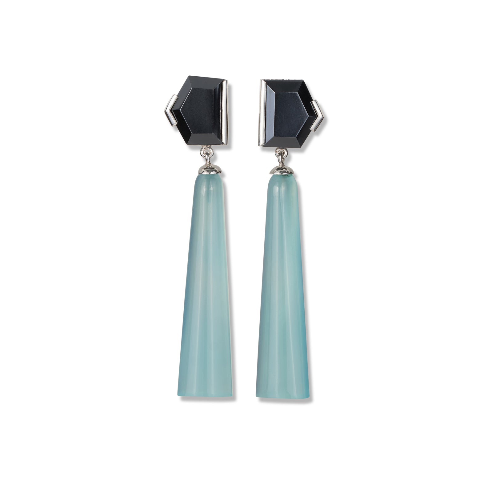 Kelly Woodcroft brisbane made earrings Hematite dangles in black and blue stones with silver detailing.