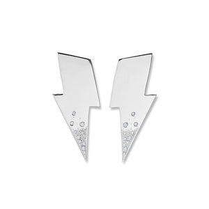 Kelly Woodcroft handcrafted lightening bolt shaped earrings in sterling silver feature a spattering of small diamonds.
