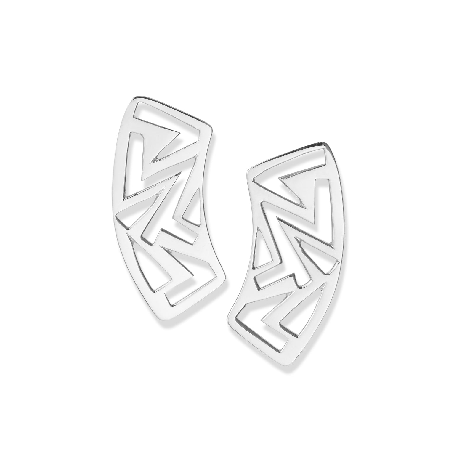 Kelly Woodcroft Jeweller handcrafted silver treetop canopy earrings feature geometric shapes and curved edges. 