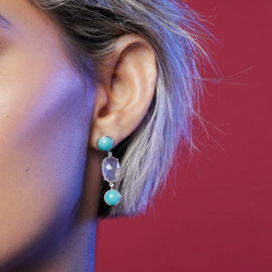 Close up woman wearing earrings of turquoise amazonite cabochon and rose quartz