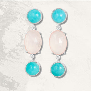 Earrings of turquoise Amazonite cabochon and rose quartz