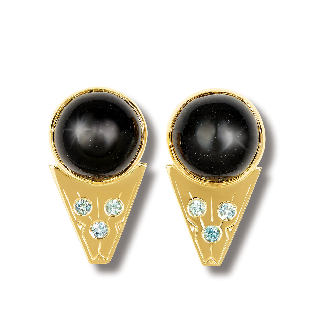 Yellow gold earrings with blue green sapphires and round black star diopside cabochon