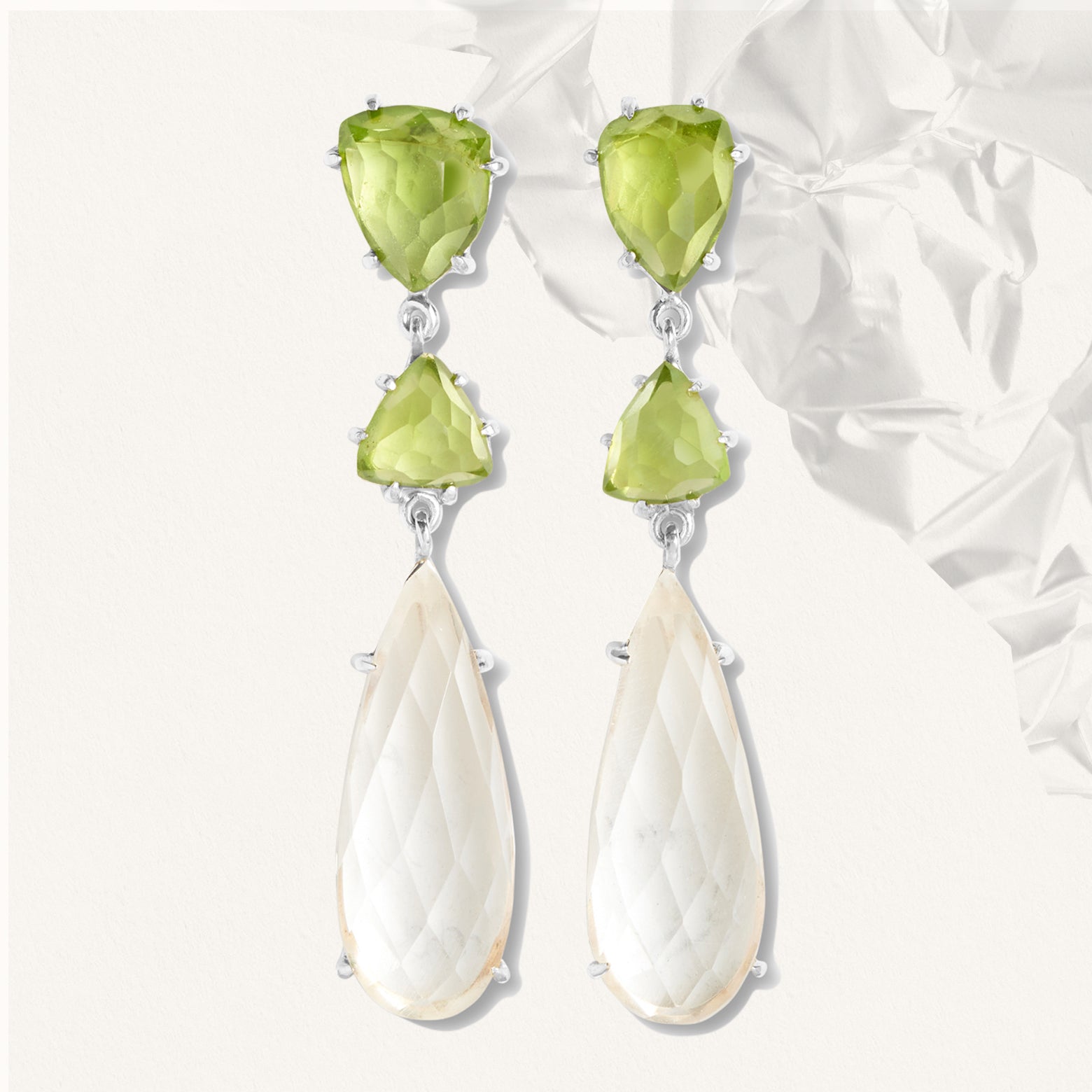 Green peridot and clear quartz drop earrings